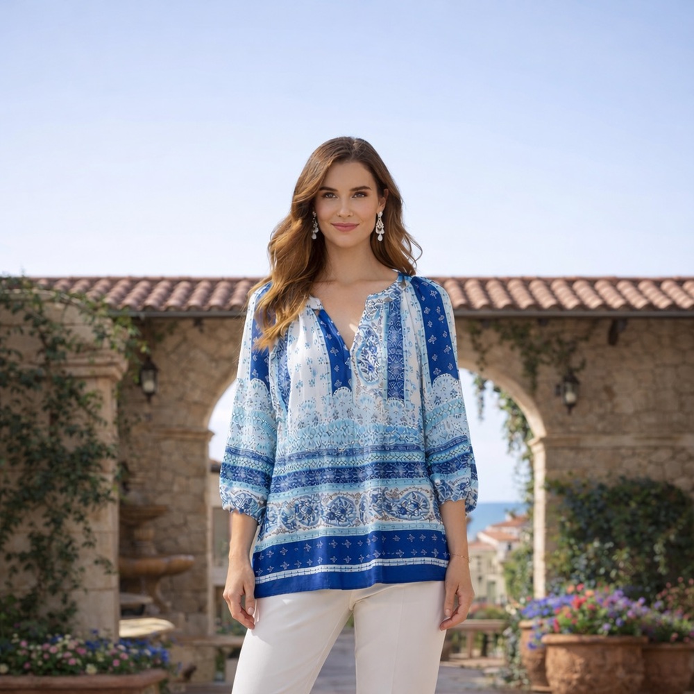 Blue Paisley Boho Blouse Size Small Flowy Peasant Top